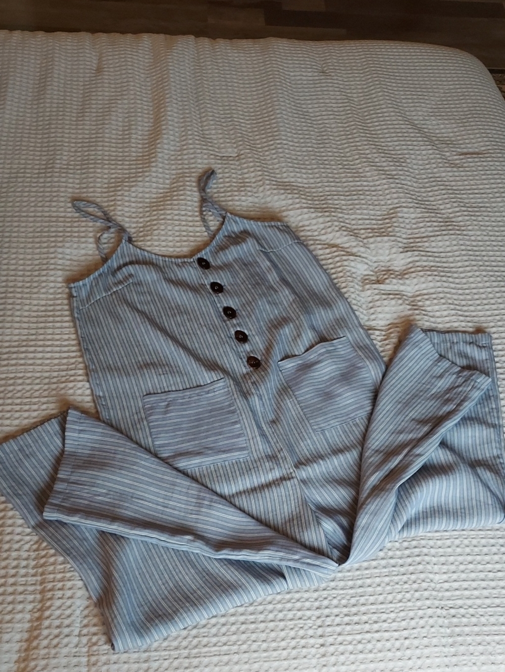 easel Light Blue Striped Button-Front Jumpsuit